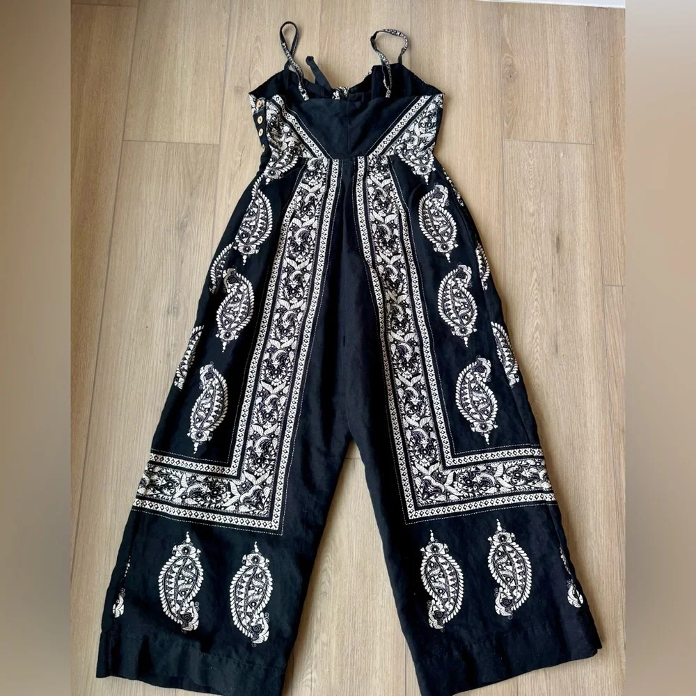 Free People Feel The Sun Paisley Bandana Linen Cutout Cropped Jumpsuit Sz 6 EUC